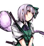  bangs blush ghost green_hairband hairband head_tilt hitodama konpaku_youmu konpaku_youmu_(ghost) red_eyes short_hair silver_hair sketch solo sword touhou umakatsuhai weapon 