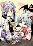  =_= ? bat blue_eyes fang grey_hair hat hong_meiling izayoi_sakuya kannazuki_hato maid maid_headdress minigirl multiple_girls o_o red_eyes remilia_scarlet ringed_eyes rumia tea touhou 