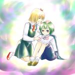  bad_id bad_pixiv_id blonde_hair blue_eyes bow cape closed_eyes gosunkugi green_hair hair_bow multiple_girls rumia sad sitting touhou wriggle_nightbug 