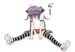  bad_id bad_pixiv_id blush buruma closed_eyes full_body gym_uniform lefty10 long_hair purple_hair sangokushi_taisen shoes sneakers solo stretch striped striped_legwear thighhighs touhaku 