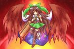  bow brown_hair cape green_bow hair_bow hair_ribbon long_hair red_eyes reiuji_utsuho ribbon solo thighhighs tilde_(ice_cube) touhou wings 