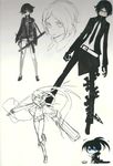  absurdres arm_cannon black_rock_shooter black_rock_shooter_(character) burning_eye chan_co chibi coat eyepatch glasses gloves glowing glowing_eyes gun highres huke knife long_hair monochrome necktie pants short_hair shorts sketch spot_color tail twintails uneven_twintails weapon 