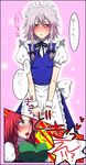  bad_id bad_pixiv_id blood blue_eyes braid breasts hairband hong_meiling izayoi_sakuya kn96 large_breasts long_hair maid medium_breasts multiple_girls nosebleed red_eyes red_hair short_hair silver_hair touhou twin_braids yuri 