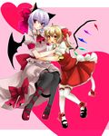  ahoge animal_ears bad_id bad_pixiv_id bat_wings black_legwear blonde_hair bow cat_ears cat_tail fang flandre_scarlet hair_bow heart highres kemonomimi_mode large_bow lavender_hair leg_ribbon mary_janes multiple_girls no_hat no_headwear orange_eyes pantyhose purple_eyes remilia_scarlet ribbon shoes short_hair siblings side_ponytail simple_background sisters tail thighhighs touhou white_legwear wings yutazou 