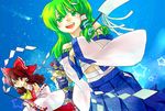  bad_id bad_pixiv_id blonde_hair brown_hair detached_sleeves frog green_eyes green_hair hair_ornament hakurei_reimu hat highres japanese_clothes kirisame_marisa kochiya_sanae long_hair multiple_girls red_eyes snake touhou witch_hat zanunoneko 