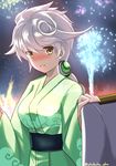  alternate_costume blush braid clothes_grab cloud_print commentary_request eko fireworks green_kimono japanese_clothes jitome kantai_collection kimono long_hair looking_at_viewer night night_sky parted_lips silver_hair single_braid sky solo unryuu_(kantai_collection) very_long_hair whorled_clouds wide_sleeves yellow_eyes yukata 