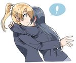  2girls ayase_eli blazer blonde_hair blue_hair blush clipe ear_blush hug jacket long_hair love_live! love_live!_school_idol_project multiple_girls otonokizaka_school_uniform ponytail school_uniform simple_background sonoda_umi spoken_exclamation_mark white_background yuri 