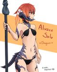  1girl au_ra bikini dragon_tail female final_fantasy final_fantasy_xiv hitokuirou horns navel orange_hair red_eyes scales slit_pupils small_breasts solo spear standing stomach swimsuit tail 