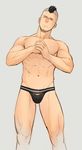  black_hair blue_eyes facial_hair facial_mark fist_in_hand frown itto_(mentaiko) looking_at_viewer male_focus muscle navel original short_hair simple_background sketch solo standing stubble underwear underwear_only very_short_hair 