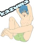  1boy abs arms_behind_head blue_hair briefs character_name male_focus muscle nipples pecs sakuraprin shindou_kazuma simple_background smile solo underwear white_background 