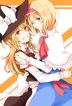  alice_margatroid ascot blonde_hair blue_eyes blush braid capelet couple grin hairband hat hug kirisame_marisa klent long_hair multiple_girls short_hair side_braid smile touhou witch_hat yellow_eyes yuri 