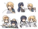  ayase_eli blonde_hair clipe closed_eyes heart long_hair love_live! love_live!_school_idol_project maid multiple_girls newspaper open_mouth simple_background sonoda_umi white_background 