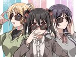  adjusting_eyewear ayase_eli bangs black_hair blonde_hair blue_eyes blush bow center_frills clipe collared_shirt hair_between_eyes hair_bow hatena_heartbeat long_hair long_sleeves looking_at_viewer love_live! love_live!_school_idol_project multiple_girls neck_ribbon ponytail purple_hair ribbon scrunchie shirt sunglasses toujou_nozomi twintails upper_body white_scrunchie yazawa_nico 