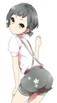  alternate_hairstyle arare_(kantai_collection) ass black_hair brown_eyes highres kantai_collection looking_back no_hat no_headwear sekina short_hair simple_background solo suspenders twintails white_background 