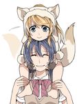  animal_ears ayase_eli barefoot blonde_hair blue_eyes blue_hair bow carrying clipe closed_eyes fingerless_gloves gloves kemonomimi_mode long_hair love_live! love_live!_school_idol_project multiple_girls shoulder_carry simple_background smile sonoda_umi tail tail_wagging white_background younger 