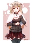  1girl alternate_costume baileys_(tranquillity650) black_legwear blonde_hair breasts brown_sweater cape capelet cleavage cleavage_cutout commentary_request eyebrows_visible_through_hair fur_cape hair_flaps hair_ornament hair_over_shoulder hair_ribbon hairclip highres kantai_collection long_hair long_sleeves looking_away medium_breasts open_mouth red_eyes red_skirt ribbon signature simple_background skirt solo sweater thighhighs yuudachi_(kantai_collection) 