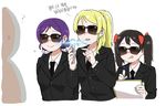  ? anyan_(jooho) ayase_eli black_hair blonde_hair closed_eyes commentary crossover formal hatena_heartbeat korean long_hair love_live! love_live!_school_idol_project men_in_black multiple_girls necktie neuralyzer notepad ponytail purple_hair smile suit sunglasses tongue tongue_out toujou_nozomi translated twintails yazawa_nico 