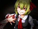  blonde_hair blood blood_on_face blood_on_fingers bloody_clothes bloody_hands fang_out frilled_skirt frills out_of_frame red_eyes rumia senmitu3/1000 shirt short_hair single_tear skirt smile solo_focus touhou vest 