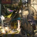  animal_ears bad_id bad_pixiv_id black_hair bone broom capelet cat dress fur_trim hat lamp long_hair looking_at_another mouth namae_mayoichuu original profile sitting skull solo spirit stitches striped striped_legwear thighhighs vertical-striped_dress vertical-striped_legwear vertical_stripes witch witch_hat yellow_eyes 