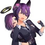  bad_id bad_pixiv_id checkered checkered_neckwear closed_eyes eyepatch fang gloves headgear hi-inu hug hug_from_behind kantai_collection mechanical_halo multiple_girls necktie open_mouth partly_fingerless_gloves purple_eyes purple_hair short_hair tatsuta_(kantai_collection) tenryuu_(kantai_collection) yuri 