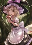  1girl apron blonde_hair bow braid hair_bow hair_ornament hat hat_ribbon kirisame_marisa long_hair looking_to_the_side mushroom open_mouth outdoors pink_bow puffy_sleeves ribbon shirt short_sleeves side_braid single_braid skirt skirt_set smile solo touhou tree tree_stump vest waist_apron white_bow witch_hat yellow_eyes 