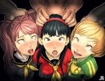  3girls ahegao amagi_yukiko atlus black_hair blush brown_eyes brown_hair cardigan clothed_sex drooling earrings fucked_silly hair_grab hairband headband implied_sex jesus_avalos jewelry kujikawa_rise long_hair megami_tensei multiple_girls open_mouth persona persona_4 pumpkinsinclair red_hair rolling_eyes saliva satonaka_chie sex shin_megami_tensei short_hair spit sweat sweater tears tomboy tongue tongue_out yellow_eyes 