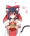  :&lt; animal_ears ascot bad_id bad_twitter_id bare_shoulders black_hair blush bow box cat_ears cat_tail detached_sleeves donation_box frown hair_bow hair_ribbon hair_tubes hakurei_reimu kemonomimi_mode large_bow nontraditional_miko red_eyes ribbon short_hair sketch solo tail touhou upper_body white_background wide_sleeves yada_(xxxadaman) 