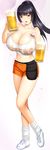  absurdres alcohol beer beer_mug black_hair breasts covered_nipples cup dragon@harry full_body highres holding holding_cup hooters huge_breasts long_hair looking_at_viewer name_tag no_legwear ponytail purple_eyes see-through shorts smile solo tank_top waitress 