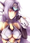  android armor artist_name bare_shoulders blue_hair breasts character_name elbow_gloves forehead_protector gloves gorget hananon hand_in_hair headgear kos-mos kos-mos_ver._4 large_breasts looking_at_viewer red_eyes simple_background underboob vambraces white_background xenosaga xenosaga_episode_iii 