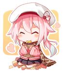  ^_^ beret black_skirt blue_hair chibi closed_eyes commentary_request eating food gasuto_(kamikami) gradient_hair harusame_(kantai_collection) hat kantai_collection multicolored_hair pink_hair pleated_skirt skirt sleeves_past_wrists solo 