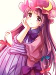  arm_support capelet coat crescent dress hair_ribbon hat kashiwagi_chisame long_hair looking_at_viewer mob_cap open_clothes open_coat patchouli_knowledge purple_dress purple_eyes purple_hair ribbon solo striped striped_dress touhou tress_ribbon very_long_hair 