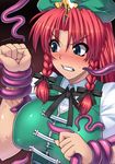  beret black_bow blue_eyes blush bow braid breasts chinese_clothes clenched_hand clenched_teeth commentary_request hair_bow hat highres hong_meiling large_breasts long_hair red_hair restrained shimashima-ace star sweat teeth tentacles touhou tsurime twin_braids upper_body 