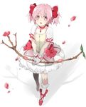  bow bow_(weapon) bubble_skirt dress flower hair_bow kaname_madoka kneehighs leaf magical_girl mahou_shoujo_madoka_magica open_mouth pink_eyes pink_hair rose sino_(sionori) skirt smile solo twintails weapon white_legwear 