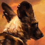  2015 african_wild_dog ambiguous_gender anthro brown_background brown_eyes canine collar ear_piercing headshot_portrait kenket looking_up mammal painting piercing portrait shaded simple_background solo 