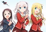  &gt;_&lt; 3girls :d ;d bad_id bad_twitter_id black_hair blonde_hair blue_eyes charlotte_(anime) closed_eyes cosplay dc_comics gochou_(atemonai_heya) grin index_finger_raised long_hair multiple_girls nishimori_yusa one_eye_closed open_mouth otosaka_ayumi otosaka_yuu pose school_uniform serafuku side_ponytail silver_hair smile superman superman_(cosplay) tomori_nao two_side_up 