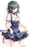  alternate_costume apron blue_apron blue_eyes choker dirndl dress eyepatch german_clothes green_hair kantai_collection kiso_(kantai_collection) long_hair looking_at_viewer pinafore_dress simple_background skirt_hold solo thighs waist_apron white_background x_na 