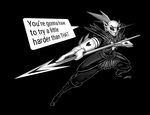  &lt;3 animated armor black_and_white black_sclera blackbookalpha dialogue english_text female fish hair marine melee_weapon monochrome monster polearm smile solo spear speech_bubble text undertale undyne weapon 