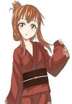  blush brown_eyes brown_hair folded_ponytail inazuma_(kantai_collection) japanese_clothes kantai_collection kimono looking_at_viewer mitsuki_yuuya obi parted_lips red_kimono sash sidelocks solo upper_body white_background yukata 