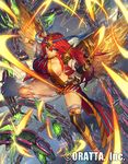  blue_eyes bracelet breasts claw_(weapon) gauntlets jewelry large_breasts long_hair melon22 official_art original red_hair solo very_long_hair weapon yellow_wings 