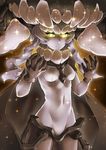  black_gloves bodysuit cape ckln collar covered_navel cowboy_shot expressionless gloves glowing glowing_eyes groin hat kantai_collection long_hair monster shinkaisei-kan silver_hair skin_tight solo standing teeth white_hair wo-class_aircraft_carrier yellow_eyes 