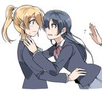  ayase_eli blazer blonde_hair blue_eyes blue_hair blush clipe eye_contact jacket long_hair looking_at_another love_live! love_live!_school_idol_project multiple_girls otonokizaka_school_uniform ponytail school_uniform simple_background sonoda_umi white_background yuri 