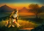  2015 anthro balls barbs brown_eyes brown_fur brown_stripes canimus feline fur grass kneeling landscape looking_at_viewer male mammal mohawk mountain naira nude outside penis saber-toothed_cat scenery solo sunset tree water white_fur 