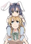  animal_ears ayase_eli blonde_hair blue_hair bunny_ears carrying clipe kemonomimi_mode long_hair love_live! love_live!_school_idol_project multiple_girls shoulder_carry simple_background smile sonoda_umi white_background younger 
