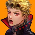  blonde_hair blood blood_from_mouth earrings fangs giorno_giovanna higurehiiro jewelry jojo_no_kimyou_na_bouken male_focus open_mouth pointy_ears red_eyes solo tongue tongue_out vampire vento_aureo 