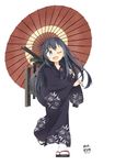  1girl ;d akatsuki_(kantai_collection) black_eyes black_hair japanese_clothes kantai_collection kimono long_hair one_eye_closed open_mouth oriental_umbrella sandals smile umbrella usui_harusame yukata 