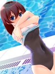  blue_eyes brown_hair covered_navel dutch_angle highres one-piece_swimsuit original poolside shirt short_hair shuffle115 solo swimsuit t-shirt undressing 