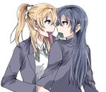  ayase_eli blonde_hair blue_hair clipe eye_contact long_hair looking_at_another love_live! love_live!_school_idol_project mouth_hold multiple_girls simple_background smile sonoda_umi white_background yuri 