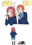  :3 anyan_(jooho) bowing burn_mark closed_eyes comic english highres hoshizora_rin love_live! love_live!_school_idol_project magnifying_glass multiple_girls nishikino_maki orange_hair orz otonokizaka_school_uniform purple_eyes red_hair school_uniform short_hair 