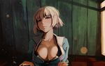  alternate_breast_size alternate_hair_color black_bra blonde_hair bra breasts brown_eyes cleavage highres large_breasts lips looking_at_viewer noccu open_clothes open_shirt shirt short_hair solo tonari_no_seki-kun underwear yokoi_rumi 