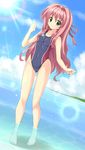  arena_(company) barefoot competition_swimsuit green_eyes hair_intakes hizuki_aki md5_mismatch one-piece_swimsuit original pink_hair pixiv_robot_wars_gaia solo standing swimsuit wading water zanshomimai 